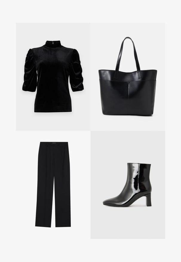 Fekete bársony felső magas gallérral, rövid puffos ujjakkal és karcsú fazonnal. Simább tapintás és minimalista dizájn minta nélkül.; Fekete nadrág egyenes szárú kialakítással, két első zsebbel és derékrésszel. Simának és könnyű anyagból készült.; Fekete lakk bőrcipő bokáig érő, hegyes orral és közepes magasságú tömbsarokkal. Simább textúrával és minimalista dizájnnal rendelkezik.; Fekete bőr bevásárlótáska két hosszú fogantyúval, sima felülettel és strukturált formával. Elülső zseb található rajta a plusz tárolás érdekében.
