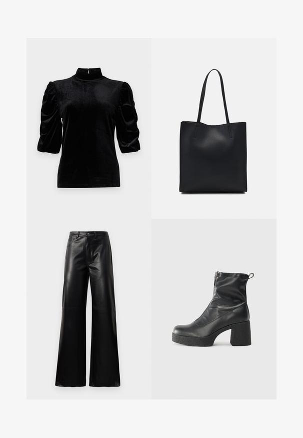 Mustmust ülemine, millel on kõrge krae, lühikesed puhv-hõlmad ja kitsas lõige. Sile tekstuur ja minimaalne disain ilma mustriteta.; Mustad talje laiad jalad kunstnahast püksid esipaneeli nööbi ja lukuga, vöödega ja küljetaskutega valge tausta peal.; Mustad mustad ansapüksid, mis on valmistatud siledast nahast, külje zipperiga, paksu tekstuuriga kontsaga ja ümmarguse nina disainiga.; Mustast nahast kott sujuva tekstuuriga, ristkülikukujuline ja kahe pika sangaga. Pole nähtavat riistvara ega kaunistusi.