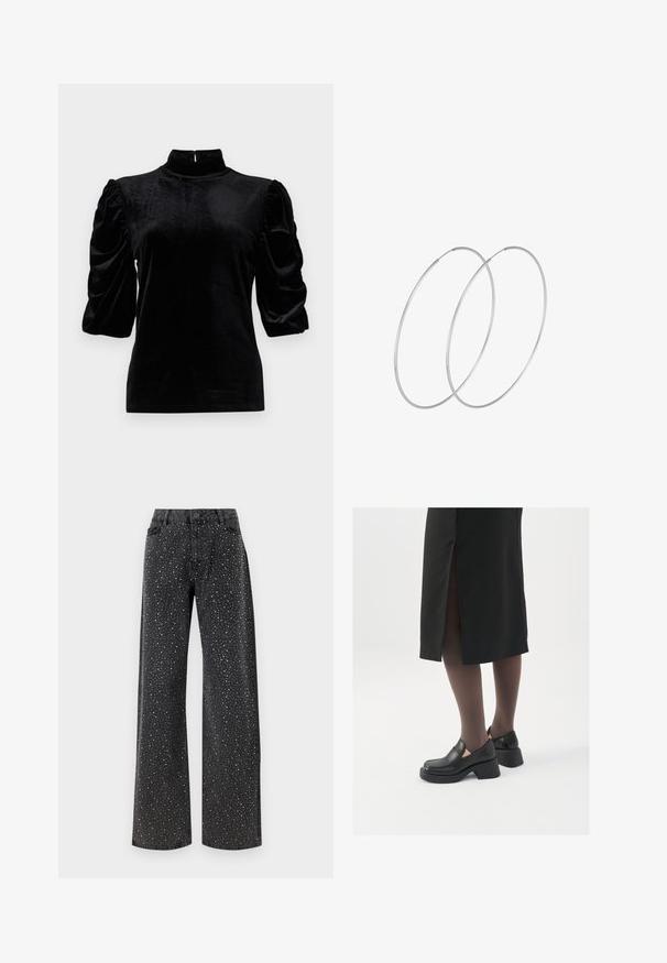Musta samettitoppi, jossa on korkea kaulus, lyhyet puffihihat ja kapea malli. Sileä rakenne ja minimalistinen muotoilu ilman kuvioita.; Noisy May NMJANNEL LOOSE - Relaxed fit -farkut - black denim; Mustat nahkakengät pyöreällä kärjellä, paksulla lohkopohjalla ja joustavilla sivuakkesseilla, yhdistettynä tummiin sukkahousuihin ja mustaan hameeseen, jossa on halkio.; Hopehope hopeilla, joissa on minimalistinen muotoilu. Pyöreä muoto, sileä pinta ja ohut profiili. Kevyet ja kiillotetut.