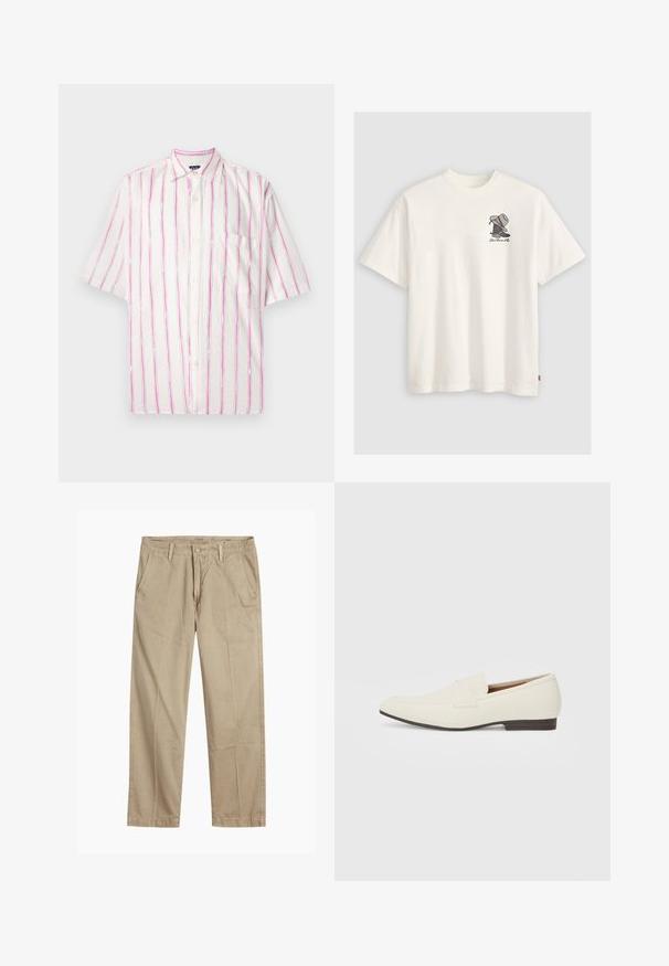 Camicia a maniche corte con bottoni in tessuto bianco con strisce verticali rosa e verdi. Presenta una tasca sul lato sinistro.; T-shirt bianco in cotone con una grafica di una scarpa e cappelli, con accenti multicolori, maniche corte e colletto rotondo.; Chinos beige a gamba dritta con passanti per cintura, chiusura frontale a bottone e zip, e tasche laterali inclinati.; Mocassini beige chiaro con punta affusolata, materiale liscio, una fascia sulla tomaia e una suola bassa marrone. Design semplice con accenti minimi.