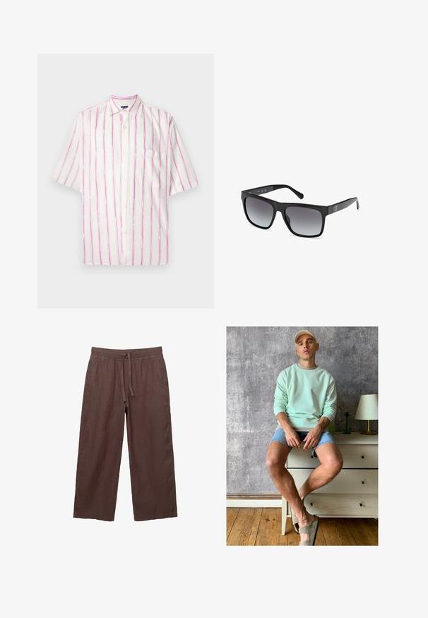 Cămașă cu mânecă scurtă, cu nasturi, din țesătură albă, cu dungi verticale în roz și verde. Are un buzunar pe partea stângă.; Tricou alb din bumbac, cu guler clasic, mâneci scurte și un mic logo GAP gri pe partea stângă a pieptului. Design simplu, fără ornamente.; Pantaloni largi din in maro, cu un brâu reglabil, care dispun de două buzunare laterale și un material ușor, texturat.; Hanorac verde mentă, pantaloni scurți din denim și pantofi slip-on verde oliv. Așezat pe o comodă de culoare deschisă, lângă un perete texturat gri.; Guess Ochelari de soare - glossy black smoke gray