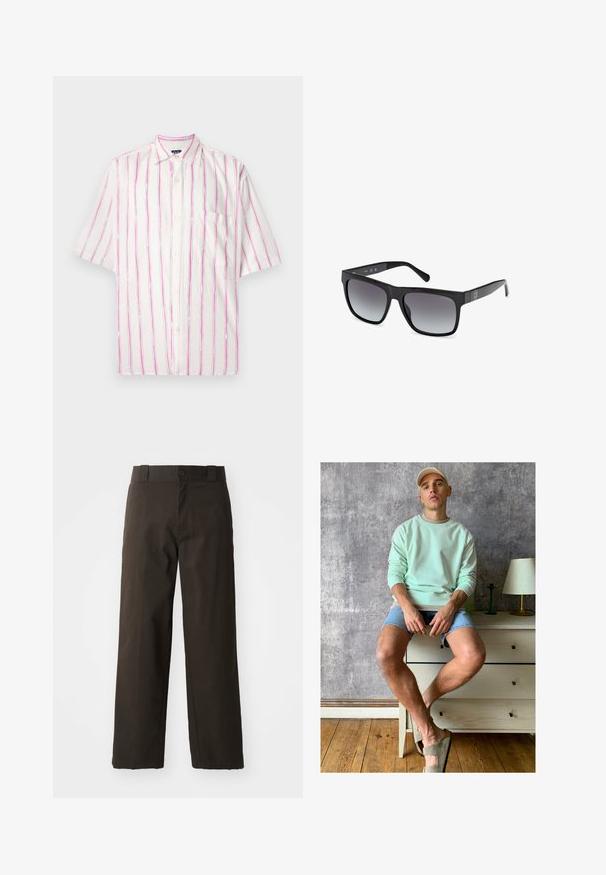 Kortärmad skjorta med knappar i vitt tyg med vertikala ränder i rosa och grönt. Har en ficka på vänster sida.; Vit bomull t-shirt med klassisk rund hals, korta ärmar och en liten grå GAP-logotyp på vänster bröst. Enkel, odekorerad design.; Svarta bomull byxor med rak benform, med knappstängning och en klassisk midja. Slät textur, inga mönster eller detaljer.; Mintgrön sweatshirt, denimshorts och olivgröna slip-ons. Sitter på en ljus byrå mot en strukturerad grå vägg.; Guess Solglasögon - glossy black smoke gray