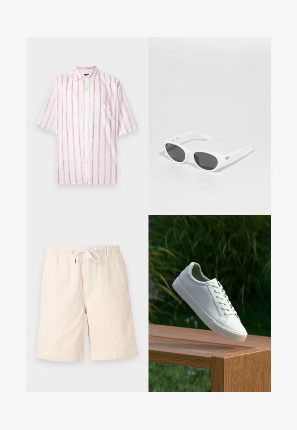 Kratka majica s kratkim rukavima, dugmadi, od bijelog materijala s uskim prugama u ružičastoj i zelenoj boji. Ima džep s lijeve strane.; Bež pamuk šorts s ležernim krojem, elastičnim pojasom i bijelom vezicom. Ima bočne džepove i glatku teksturu.; Bijele tenisice s vezicama lebde iznad drvenih klupa uz pozadinu zelenog lišća, prikazujući dizajn i teksturu obuće.; Bijele sunčane naočale s okruglim okvirima i tamnim lećama. Imaju glatku plastičnu teksturu i mali logotip na ručki.