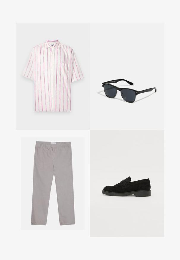 Korte mouwen overhemd met knopen in witte stof met verticale strepen in roze en groen. Heeft een zak aan de linkerkant.; Lichtgrijze katoenen broek met een elastische tailleband, twee zijzakken, een recht poten ontwerp en een zachte textuur. Eenvoudige stiksel.details.; Zwarte suède instappers met een lage hak, voorzien van een eenvoudige band over de bovenkant en een gestructureerd detail langs de zijkanten.; Zwarte zonnebril met een rechthoekige vorm, donkere lenzen, zilveren accenten bij de slapen en een matte afwerking op het montuur.