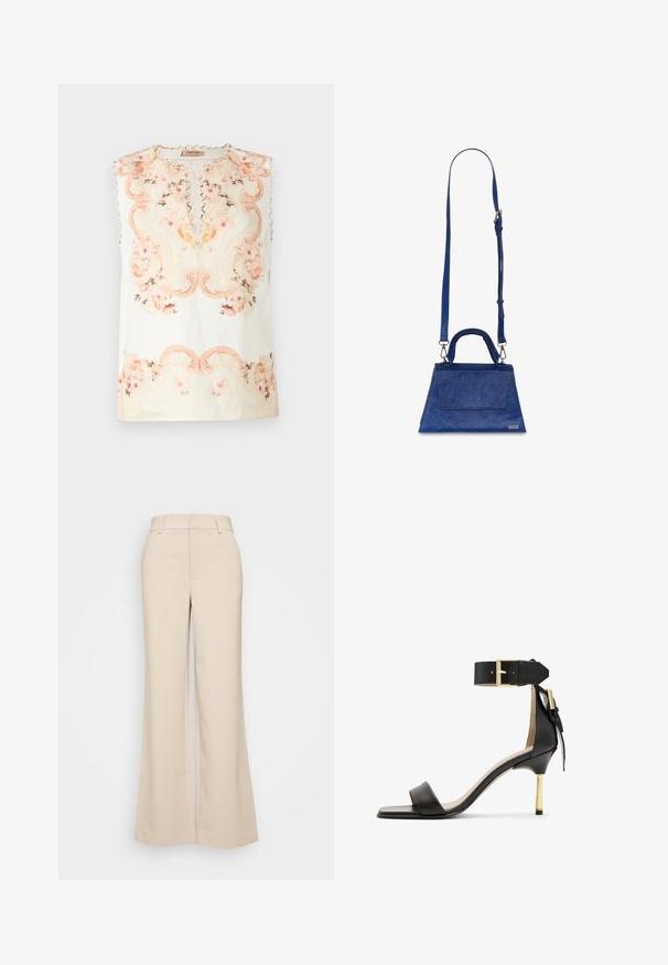 Ärmelloses Blumenshirt aus leichtem Stoff. Es hat sanfte rosa und beige Blumenmuster, einen runden Halsauschnitt und eine gewellte Borte an den Schultern.; Beige weite Hosen mit glatter Textur, ausgestattet mit einem hohen Taillenbund und zwei vorderen Taschen. Schlichtes Design mit taillierter Passform.; Schwarze Leder-Absatzsandale mit quadrater Zehenform, Fesselriemen mit einer goldenen Schnalle und einem schlanken, metallischen Absatz. Glatte Textur, minimalistisches Design.; Blaue Kunstleder-Handtasche mit dreieckiger Form, oberem Griff und verstellbarem Schulterriemen. Sie bietet eine glatte Textur und eine Frontklappe.