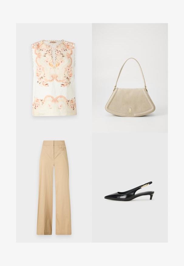 Haut sans manches en tissu léger. Présente des motifs de fleurs rose pâle et beige, un col rond et une bordure festonnée le long des épaules.; Pantalons larges beige en coton mélangé. Caractéristiques : texture lisse, taille élastique et détail à bouton sur le côté.; Talons hauts en cuir noir avec un bout pointu, dotés d'un talon fin et d'un accent en ton or sur la lanière réglable. Texture lisse.; Sac à main en suède beige avec une forme triangulaire arrondie, une bandoulière unique et un accent en métal doré à l'avant.