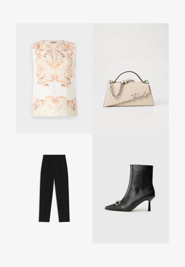 Haut sans manches en tissu léger. Présente des motifs de fleurs rose pâle et beige, un col rond et une bordure festonnée le long des épaules.; Pantalon noir à coupe droite, avec des plis doubles, une texture lisse et un design de taille classique. Pas de matériel ou d'accents visibles.; Bottine en cuir noir avec un bout pointu, un talon moyen fin et un détail de boucle en argent sur le côté, se détachant sur un fond uni.; Sac à main en cuir beige avec une forme triangulaire structurée, doté d'une anse en chaîne argentée et d'un logo en cursive en métal.