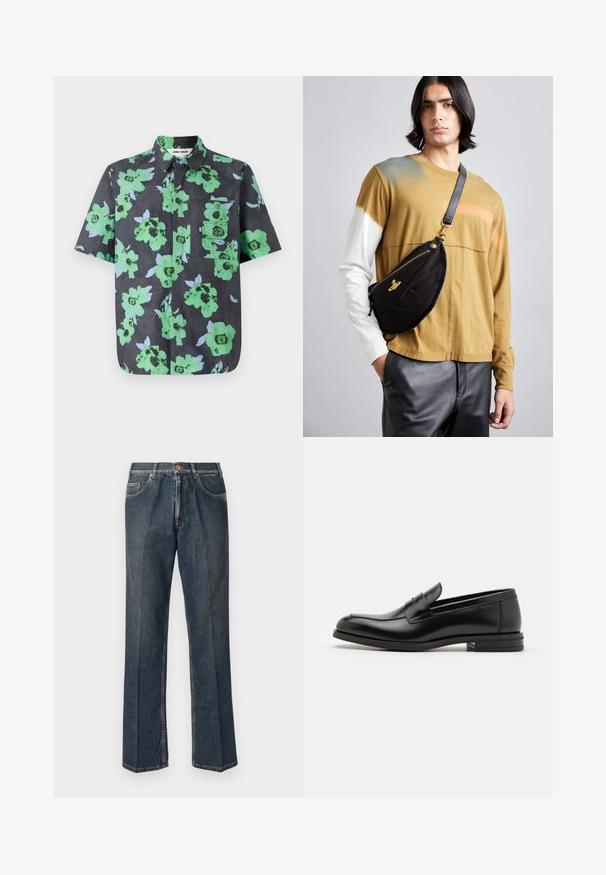 Košela s krátkym rukávom z tmavého materiálu s veľkým zeleným a svetlomodrým kvetinovým vzorom. Obsahuje náprsné vrecko s klopou.; Tmavomodré rovné džínsy s predným gombíkom, zipsom, dvojitými prednými vreckami a viditeľnými vertikálnymi pukmi pozdĺž nohavíc.; Čierne kožené mokasíny s hladkou textúrou, zaoblenou špičkou a dekoračným pásikom cez priehlavok. Nízky vrstvený opätok, minimalistický dizajn.; Vivienne Westwood CITY BUMBAG UNISEX - Ľadvinka - black