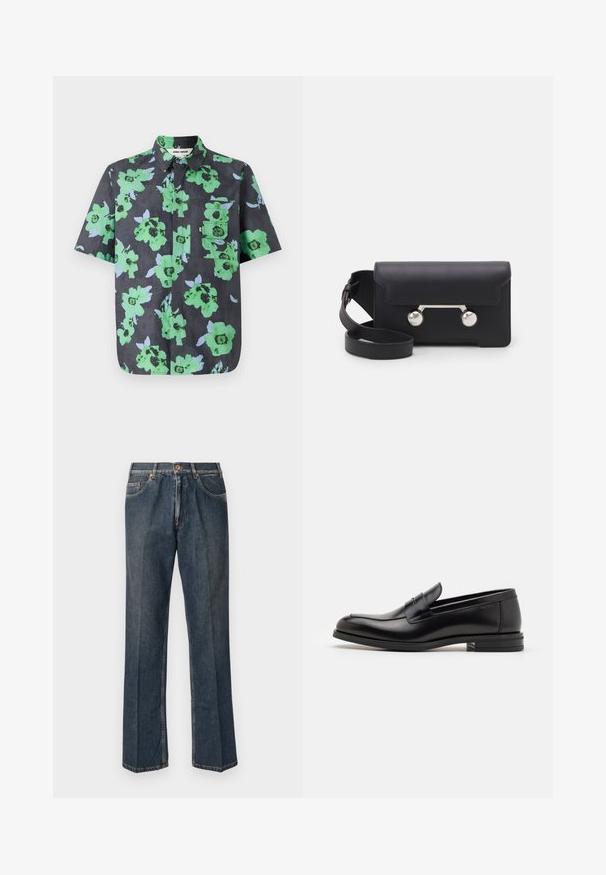 Camicia a maniche corte in tessuto scuro con grande stampa floreale verde e azzurro chiaro. Include una tasca sul petto con pattina.; Jeans in denim blu scuro a gamba dritta con bottone frontale, zip, doppie tasche anteriori e pieghe verticali visibili lungo le gambe.; Mocassini neri in pelle con una texture liscia, punta arrotondata e una striscia decorativa sulla tomaia. Tacco basso impilato, design minimalista.; Borsa a tracolla in pelle nera con chiusura a patta, hardware in tonalità argento e due accenti tondi. Dotata di una tracolla removibile. Texture liscia.