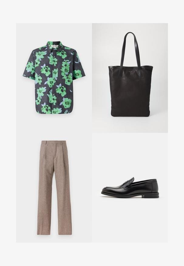 Kreklu ar īsām piedurknēm tumšā audumā ar lielu zaļu un gaiši zilu ziedu rakstu. Iekļauta krūšu kabata ar vāku.; Brūni, augstos šortos izgatavoti no teksturēta auduma. Iezīmē plašas kājas un divas priekšējās krokas, kas nodrošina struktūru. Kārtīga apdare bez redzamām detaļām.; Melnas ādas kurpes ar gludu tekstūru, noapaļu purngalu un dekoratīvu siksniņu pāri priekšpusei. Zems sakrauts papēdis, minimālisma dizains.; Melnas auduma iepirkumu soma ar melnām ādas rokturiem. Vienkāršs dizains, plaša forma un gluda tekstūra. Nav redzamu logo vai rakstu.