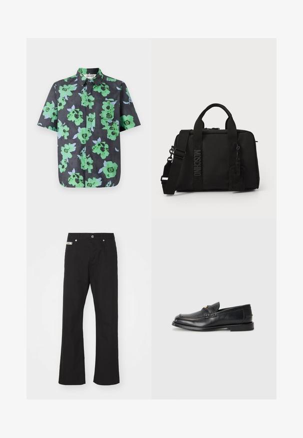 Camicia a maniche corte in tessuto scuro con grande stampa floreale verde e azzurro chiaro. Include una tasca sul petto con pattina.; Pantaloni neri in cotone con design a gamba dritta, dotati di chiusura frontale con bottone, due tasche laterali e una piccola etichetta del marchio sulla cintura.; Mocassini in pelle nera con punta rotonda, dettagli cuciti e una piccola accentuazione dorata sul davanti. La suola è piatta e discreta.; Borsa di tessuto nera con doppio manico e tracolla removibile. Presenta un logo in rilievo e un'etichetta in pelle. Texture liscia, forma rettangolare.