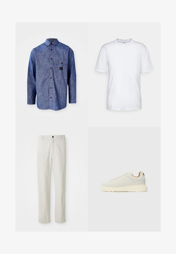 Zila denima garām piedurknēm krekls ar pogām apkaklē, priekšējo krūšu kabatu un smalku tekstūru. Satur tumšas pogas un kontrastējošu dūru šuvju.; Balta kokvilnas T-kreklu ar apaļu kaklu, īsām piedurknēm un taisnu apakšmalu. Iekļauta neliela zīmola birka kreisajā sānu vīlē.; Bežīgas taisnas kājas bikses ar jostu cilpām, priekšējo pogu un rāvējslēdzēju, izliktas plakni uz baltas fona.; Balti sporta apavi ar gludu ādas augšdaļu, biezā krēmkrāsas gumijas zole un smalkām šuvēm. Minimālistisks dizains ar noapaļotu purngalu un auklu sistēmu.