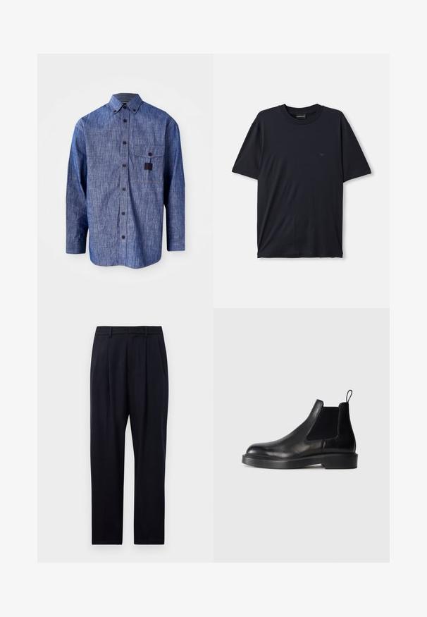 Mėlynas džinsinis ilgomis rankovėmis marškinėliai su apykakle su mygtukais, priekiniu krūtine kišenė ir subtiliu tekstūru. Yra tamsūs mygtukai ir kontrastinės siūlės.; Tamsiai mėlynas trumpomis rankovėmis marškinėliai, pagaminti iš minkštos medžiagos, su apvaliu kaklu ir mažuoju tamsiu logotipu ant krūtinės.; Tamsiai mėlynos tiesaus kirpimo kelnės, pagamintos iš tekstūruotos medžiagos, su dviem priekinėmis raukšlėmis, diržo kilpomis ir užtrauktuku.; Juodos odinės Čelsi botai su elastinėmis šoninėmis panelėmis, apvaliu pirštu, plokščiu guminiu padu ir kilpeliu gale. Lygi tekstūra.