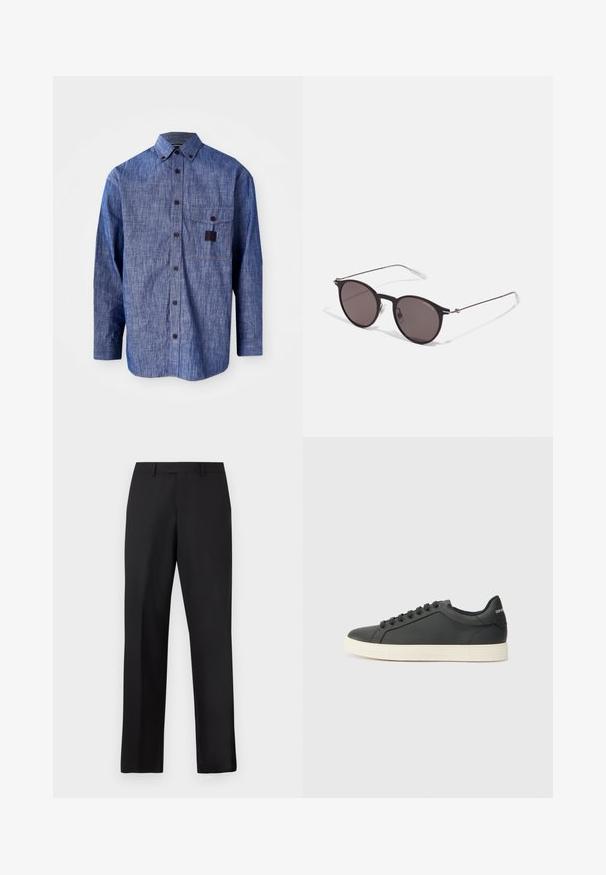 Modra jeans s dolgimi rokavi s kratkim ovratnikom, sprednjim žepom na prsih in subtilno teksturo. Ima temne gumbe in kontrastni šiv.; Črne, hlače z ravnimi nogami iz gladke tkanine. Imajo običajen pas in brez vidnih vzorcev ali poudarkov.; Črne usnjene superge z nizkim profilom, okroglo špičko in vezalkami; vsebujejo teksturiran gumijast podplat in detajl z logotipom na peti.; Črne okrogla sončna očala s temnimi lečami in tankimi kovinskimi ročaji. Vključujejo prosojne konec ročajev in srebrne poudarke na tečaju. Minimalističen dizajn.