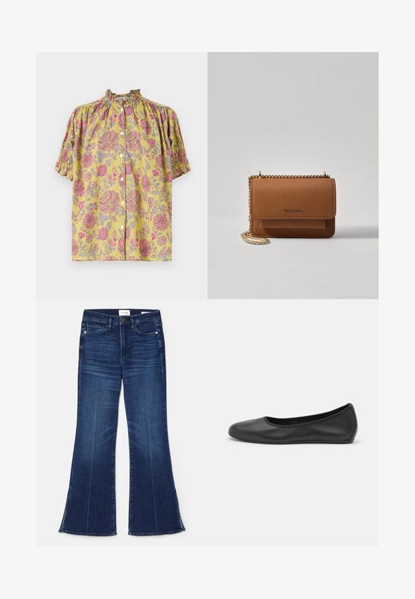 Blusa floreale gialla con motivi rosa e grigi, maniche a sbuffo, scollatura arricciata e chiusura anteriore con bottoni.; Jeans a zampa d'elefante blu scuro in denim. Caratterizzati da una vita alta, tasche anteriori e dettagli con spacco all'orlo. Design classico a cinque tasche.; Pantofole da balletto nere in pelle con punta arrotondata, texture liscia, dettagli di cucitura minimi e design con suola flessibile.; Borsa a tracolla in pelle marrone con texture, dotata di catena dorata e chiusura a pattina. Sul davanti presenta un dettaglio con logo e una tasca sotto la pattina.