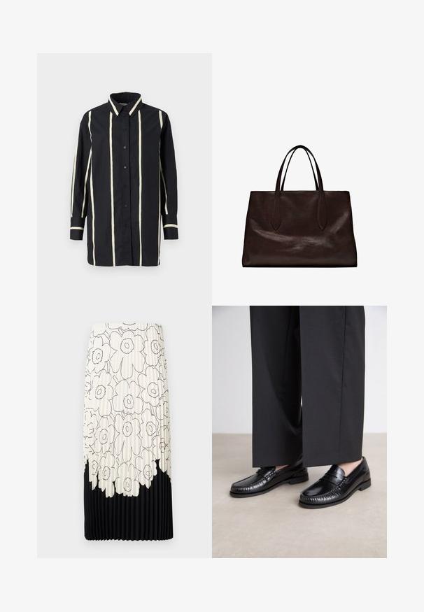 Black long-sleeve shirt with vertical beige stripes, button-up front, classic collar, and contrasting cuffs and collar trim.; Pleated skirt with a floral black and white pattern, featuring a light top half with flowers and a solid black bottom hem.; Black leather loafers with a smooth finish, stitched detailing around the toe, and a low rubber sole. Paired with wide black trousers.; Massimo Dutti Handbag - brown
