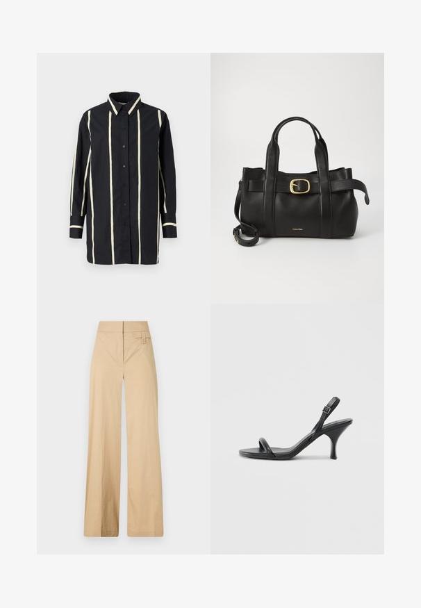 Maglietta nera a maniche lunghe con strisce verticali beige, chiusura anteriore con bottoni, colletto classico e polsini e orlo del colletto a contrasto.; Pantaloni beige a gamba larga realizzati in tessuto misto cotone. Caratterizzati da una texture liscia, una vita elastica e un dettaglio con bottone laterale.; Sandali con tacco alto in pelle nera, con tacco sottile e curvo e design a fascia incrociata. Cinghia alla caviglia regolabile. Texture liscia.; Borsa a mano in pelle nera con un design strutturato, doppie maniglie superiori, accentuazione in metallo dorato e logo del marchio in rilievo sul davanti.