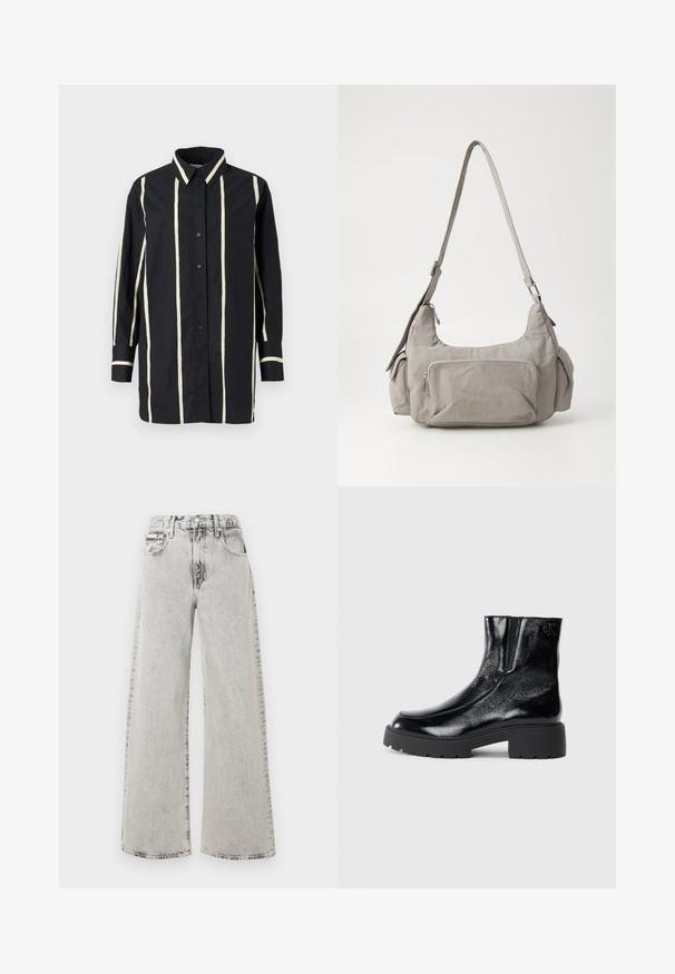 Cămașă neagră cu mâneci lungi, cu dungi verticale bej, închidere cu nasturi, guler clasic și manșete și bordură contrastante.; Blugi evazați din denim gri deschis, cu spălare decolorată, buzunare frontale și închidere cu nasturi. Designul este lejer și spațios.; Botine negre până la gleznă, cu un finisaj de piele lacuită strălucitoare, talpă de cauciuc neagră masivă și toc înălțat; include detalii subtile cu logo pe lateral.; Geantă de umăr din țesătură gri, cu două buzunare laterale, un buzunar frontal cu fermoar și o curea lată, ajustabilă. Design simplu și funcțional.