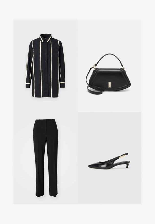 Black long-sleeve shirt with vertical beige stripes, button-up front, classic collar, and contrasting cuffs and collar trim.; Black tailored trousers with a straight-leg design, featuring a smooth texture and crisp creases along the front. No visible hardware.; Black leather slingback heels with a pointed toe, featuring a slim heel and a gold-tone accent on the adjustable strap. Smooth texture.; Black leather handbag with a structured design, featuring a cropped shape, top handle, and gold hardware accent. Adjustable shoulder strap included.
