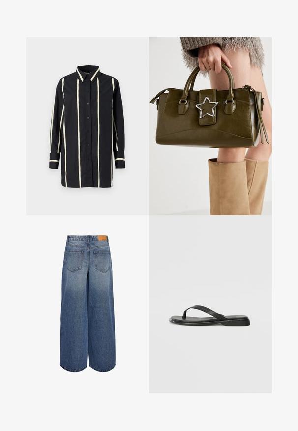 Fekete hosszú ujjú ing, függőleges bézs csíkokkal, gombos elejével, klasszikus gallérral és kontrasztos mandzsettákkal, valamint gallérszegéllyel.; Széles lábú denim culotte nadrág közepes kék mosással és kopott textúrával, két hátsó zsebbel és barna bőr márkás címkével a derékon.; Fekete papucs sima bőrből, vékony pántkel és lapos talppal rendelkezik, minimális profilú. Nincsenek kiemelkedő minták vagy díszítések.; Olívazöld műbőr kézitáska ezüst csillag díszítéssel, dupla fogantyúval és cipzáros zárással. Texturált felület és formázott alak.