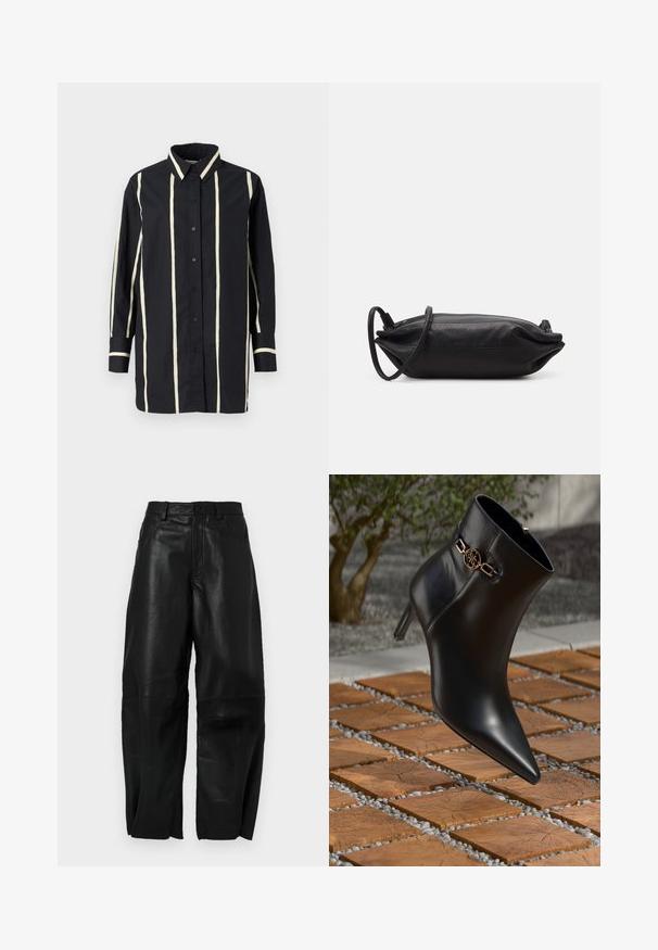 Svart långärmad skjorta med vertikala beige ränder, knäppning framtill, klassisk krage och kontrasterande manschetter och kragkant.; Svarta läderbyxor med lös passform, med en rak bendesign, framfickor och synliga sömdetaljer.; Svart läderankelstövel med spetsig tå och liten klack. Har en guldkedjeaccent vid ankeln. Omgiven av en texturerad stenytan.; Svart läderkuvertväska med rektangulär form, slät yta, tunn axelrem och minimalistisk design.