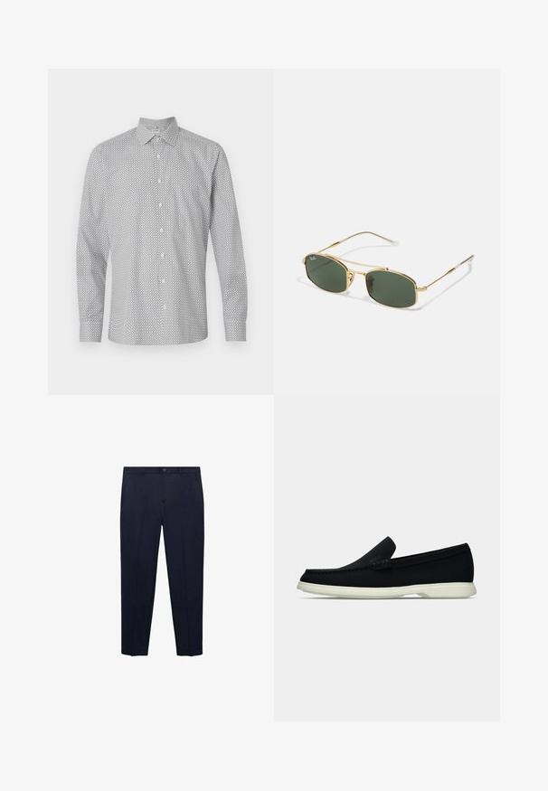 Camicia button-up bianca con un motivo geometrico nero. Presenta maniche lunghe, colletto e vestibilità standard.; Pantaloni blu navy realizzati in tessuto liscio, con una vestibilità dritta, vita standard con bottone e tasche laterali discrete.; Scarpa nera slip-on con punta arrotondata, caratterizzata da una tomaia texture, una suola bianca liscia e un discreto logo sul lato.; Occhiali da sole in metallo dorato con lenti verdi, caratterizzati da una forma angolare e bracci sottili. Il design presenta una montatura elegante e un branding discreto sulla lente.
