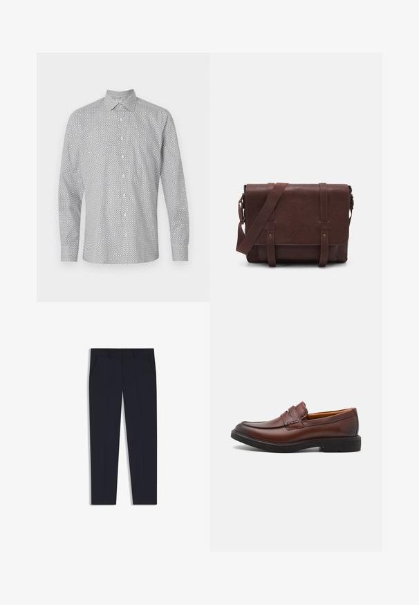 Camicia button-up bianca con un motivo geometrico nero. Presenta maniche lunghe, colletto e vestibilità standard.; Pantaloni blu navy con una vestibilità su misura, dotati di due tasche frontali, design a frontale piatto e una texture liscia. Nessun motivo o decorazione visibile.; Mocassini in pelle marrone con punta arrotondata, cuciture decorative e suola in gomma nera. Texture liscia e dettagli di design minimi.; Borsa a tracolla in pelle marrone con un davanti piatto, due cinghie, dettagli in metallo dorato e una tracolla regolabile.