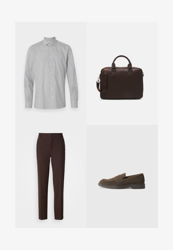 Camicia button-up bianca con un motivo geometrico nero. Presenta maniche lunghe, colletto e vestibilità standard.; Pantaloni marroni con un design a gamba dritta, dotati di una singola piega frontale, chiusura con bottone e una texture del tessuto liscia.; Mocassino in suede marrone con punta arrotondata, una fascia sulla parte superiore e suola in gomma piatta. Design semplice con linee pulite e dettagli minimi.; Borsa per laptop in pelle marrone con superficie texturizzata, doppi manici superiori, cinturino regolabile e due fibbie frontali per un tocco di originalità.