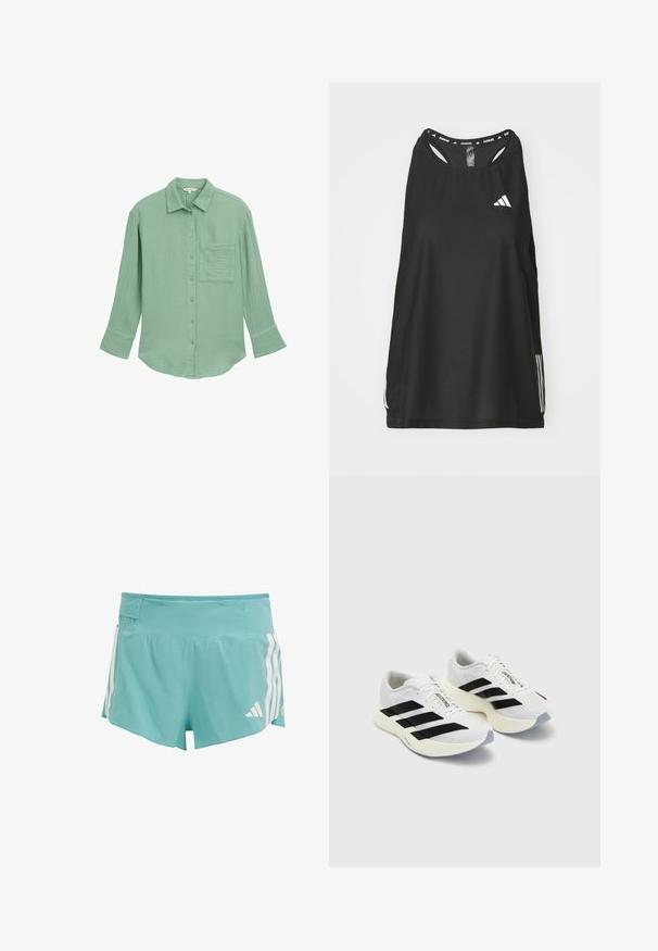 Svetlozeleni srajčni gumbasti trak iz teksturirane tkanine. Ima žep na prsih, dolge rokave in ovratnik.; Črna brezrokavna atletska majica z okroglim izrezom. Ima belo logo in tri bele črte ob straneh; narejena iz dihljive tkanine.; Svetlo modri atletski kratki hlače, ki imajo strukturno tkanino, bele stranske črte in žep na pasu za shranjevanje. Primerni za športne aktivnosti.; Bele športne čevlje bele barve z črnimi črtami in blagovno znamko, z mrežastim zgornjim delom, zaobljenim prstom in debelim kremnim podplatom za blaženje.