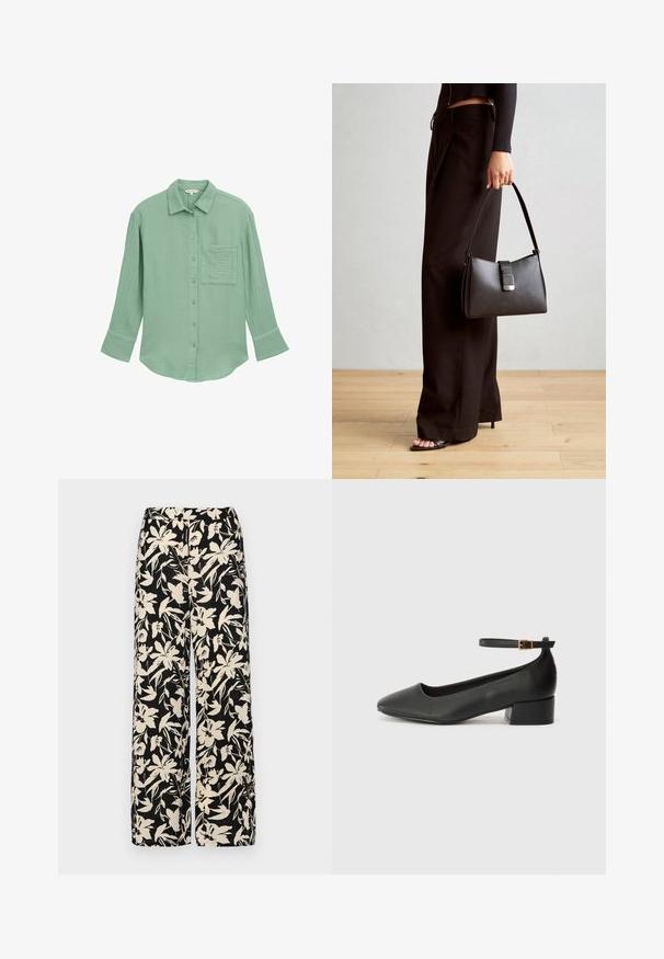 Cămașă verde deschis cu nasturi, realizată dintr-un material texturat. Dispune de un buzunar pe piept, mâneci lungi și guler.; Top negru cu mâneci scurte, realizat dintr-un material neted, cu un design peplum și o talie beltată cu două butoane rotunde de culoare argintie.; Pantaloni negri cu croi larg, decorati cu un model floral crem. Fabricati dintr-un material usor, avand o textura neteda si un talie inalta.; Pantof cu toc negru din piele, cu vârf ascuțit și toc mic pătrat. Dispune de o curea la gleznă cu o cataramă în tonuri de aur. Textură netedă.; Genți negre cu o formă structurată, textură netedă și un închizător metalic. Asortată cu pantaloni negri largi și sandale cu vârf deschis pe un podea din lemn.
