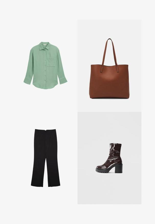 Svetlozeleni srajčni gumbasti trak iz teksturirane tkanine. Ima žep na prsih, dolge rokave in ovratnik.; Črne hlače ravnega kroja z naglavnimi žepi in stranskimi razporki na robu. Narejene iz mehke, gladke tkanine. Primerne za različne priložnosti.; Sijajan škrlatank z bleščečim videzom, z masivnim črnim peto, ki se ponaša z gladko teksturo in preprostim dizajnom. Brez vidnih zapenjal ali vzorcev.; Rjava usnjena torba z gladko teksturo, odprto zasnovo zgoraj in dvema naramnima trakovoma. Opremljena je z minimalnim šivanjem in brez vidnih kovinskih delov.