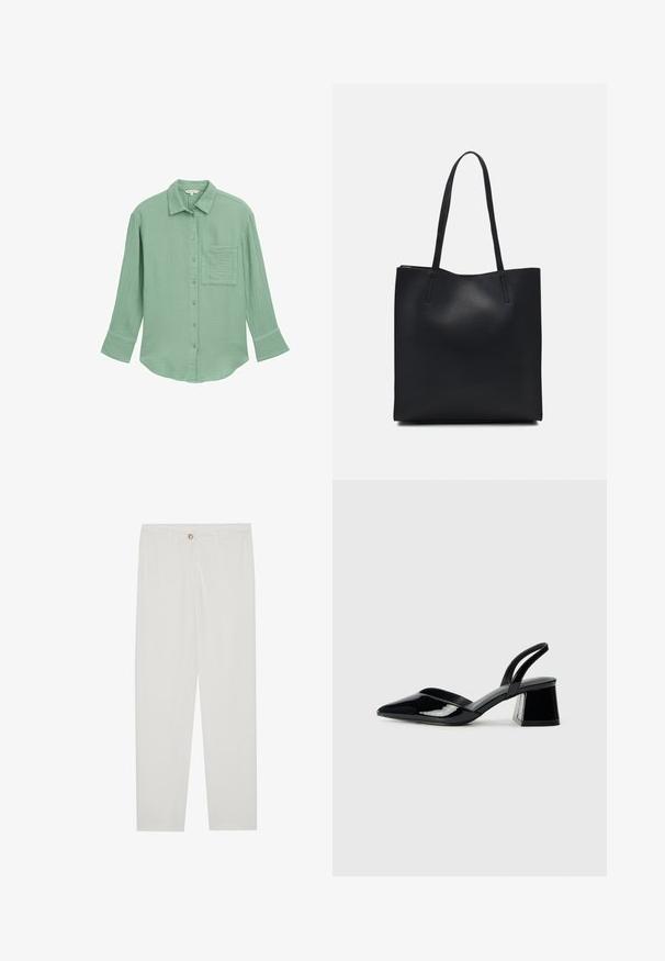Camicia verde chiaro button-up realizzata in tessuto testurizzato. Presenta una tasca sul petto, maniche lunghe e un colletto.; Pantaloni bianchi su misura con design a gamba dritta, dotati di chiusura a bottone, passanti per cintura e tasche laterali; tessuto morbido.; Décolleté in vernice nera con punta affusolata e tacco in geometria cubica. Presentano un design elegante e minimalista, con una texture liscia.; Borsa tote in pelle nera con texture liscia, forma rettangolare e due manici lunghi. Nessun hardware o decorazione visibile.