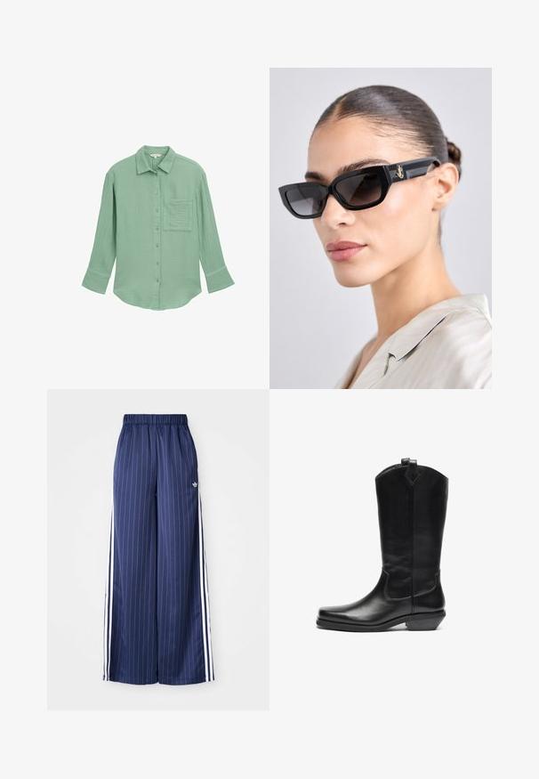 Világoszöld gombos ing, texturált anyagból készült. Mellzsebe, hosszú ujjai és gallérja van.; Tengerészkék, széles szárú nadrág függőleges fehér csíkokkal, rugalmas derékpánttal és mindkét oldalon három fehér csíkkal, könnyű anyagból készült.; Fekete, félkivágású bőr cowboy csizma hegyes orral, ferde sarkal, felhúzó fülekkel a tetején, és minimális díszítő varrással.; Fekete, téglalap alakú napszemüveg színezett lencsékkel, vastag kerettel és arany díszítéssel a szárakon. Simább, fényes felület.; Krém bőr kézitáska hónalj formájú, arany hardware-rel, fekete kiegészítőkkel és levehető pánttal. Lánc részlet és címke jellemzi.