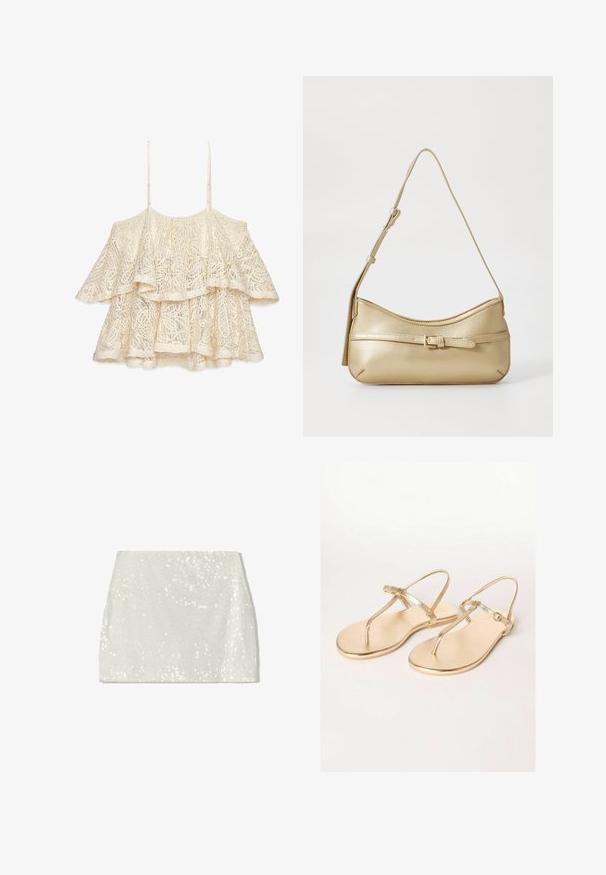Koronkowa bluzka w odcieniu ecru z warstwowymi falbanami, regulowanymi cienkimi ramiączkami i skomplikowanymi wzorami kwiatowymi na całej powierzchni materiału. Teksturowana i lekka.; Bershka - Spódnica trapezowa; Friends Like These REGULAR FIT złoty; Metaliczna złota torebka na ramię o zakrzywionym kształcie, gładkiej teksturze, płaskim pasku i dekoracyjnym zapięciu z przodu.; Bransoletka w kolorze złotym o gładkiej powierzchni z teksturowanym wnętrzem. Charakteryzuje się szerokim, zaokrąglonym kształtem z otwartym wycięciem z jednej strony.