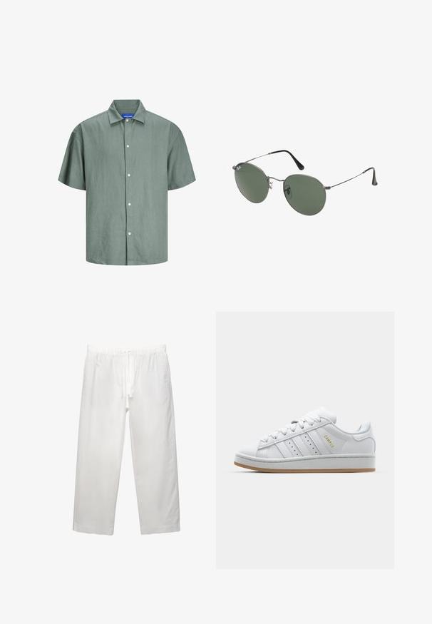 Kurzärmeliges, grünes Hemd mit Knöpfen aus leichtem Stoff. Verfügt über einen klassischen Kragen und weiße Knöpfe auf der Vorderseite. Lässiges Design.; Weißes Baumwoll-T-Shirt mit kurzen Ärmeln, Rundhalsausschnitt und lässigem Schnitt. Glatte Textur ohne sichtbare Muster oder Akzente.; Weiße Leinenhose mit elastischem Bund und Kordelzug, weitem Bein-Design und sauberen Nähten. Glatte Textur mit lässiger Passform.; Weiße Sneaker mit durchbrochenem Drei-Streifen-Design, strukturierten Akzenten, einer Gummisohle und dem goldenen "CAMPUS"-Logo an der Seite.; Metallgestellte Sonnenbrille mit ovalen grünen Gläsern. Dünner silberner Metallrahmen und schwarze Ohrstücke. Minimalistisches Design, keine sichtbaren Logos.