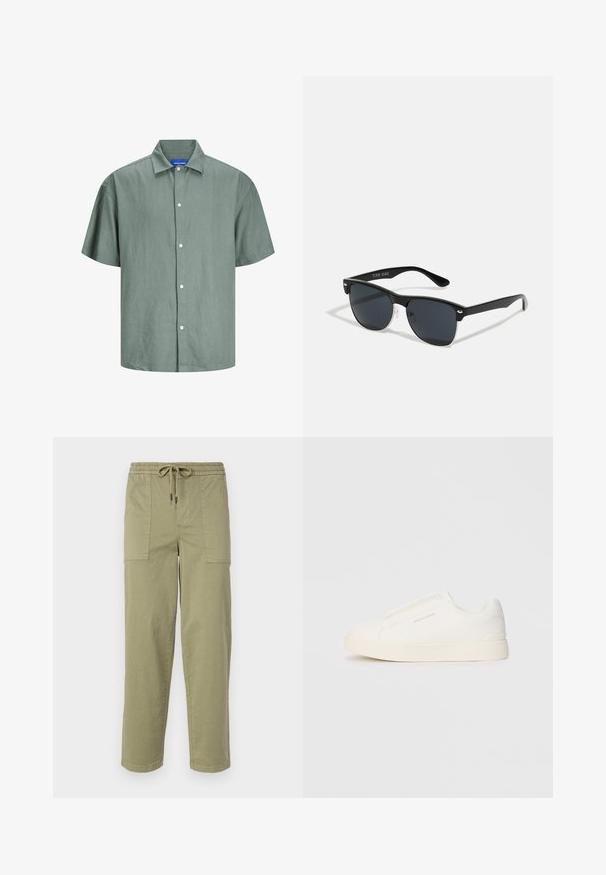Camisa de botón de manga corta de color verde, hecha de tejido ligero. Presenta un cuello clásico y botones blancos en la parte delantera. Diseño casual.; Pantalones verde oliva claro hechos de una mezcla de algodón, con una cinturilla elástica y cordón, y dos grandes bolsillos laterales.; Zapatillas blancas tipo slip-on con una superficie texturizada, suela gruesa y diseño minimalista. Presenta el logo de la marca en un lado.; Gafas de sol negras con forma rectangular, lentes oscuros, detalles plateados en las patillas y un acabado mate en la montura.