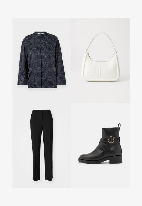 Marineblouse met een geometrisch wit patroon, met een mandarincol en lange mouwen, gemaakt van een gladde, glanzende stof.; Zwarte op maat gemaakte broek met een recht model, voorzien van een soepele textuur en scherpe plooien aan de voorkant. Geen zichtbare hardware.; BOSS IRYNA BOOTIE - Enkellaarsjes met plateauzool - black; Witte lederen handtas met een gebogen vorm, voorzien van een reliëf "CK" logo aan de voorkant en een enkele schouderriem. Ritsluiting aan de bovenkant.