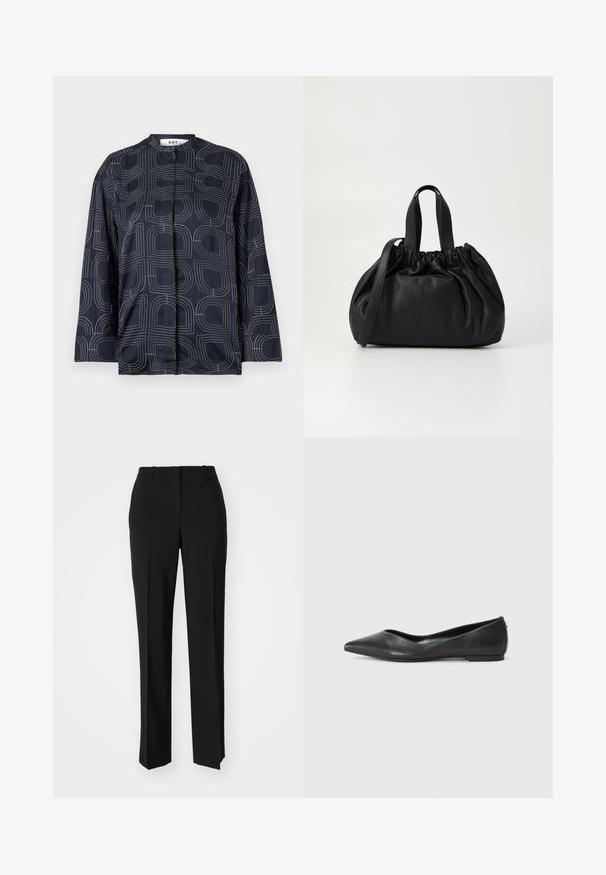 Marinebluse med et geometrisk hvidt mønster, med en mandarin-krave og lange ærmer, lavet af et glat, blankt stof.; Sorte skræddersyede bukser med lige ben-design, der har en glat tekstur og skarpe folder langs fronten. Ingen synlige hardware.; Sorte læder balletlejersko med spids tå, lav hæl og glat overflade. Minimalistisk design med en diskret sideaccent.; Sort læderhåndtaske med en samlet topdesign, der har to korte håndtag og en lang justerbar rem. Glat overflade, rund form.