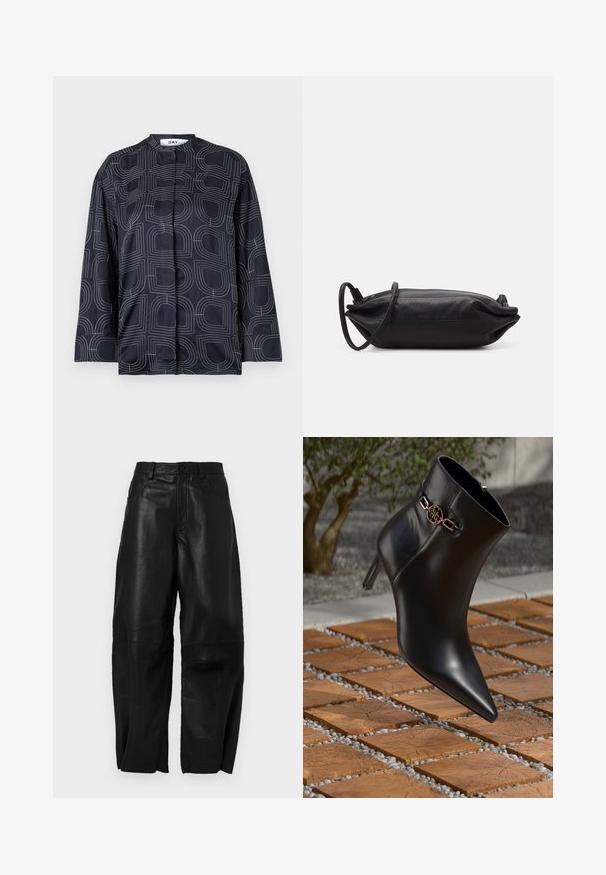 Marinebluse med et geometrisk hvidt mønster, med en mandarin-krave og lange ærmer, lavet af et glat, blankt stof.; Sorte læderbukser med en løs pasform, der har en lige ben-design, forlommer og synlige syningsdetaljer.; Sort læder ankelstøvle med spids tå og lille hæl. Har en gylden kædeaccent om anklen. Omgivet af en tekstureret stensurface.; Sort læder clutch taske med rektangulær form, glat tekstur, tynd skulderrem og minimalistisk design.
