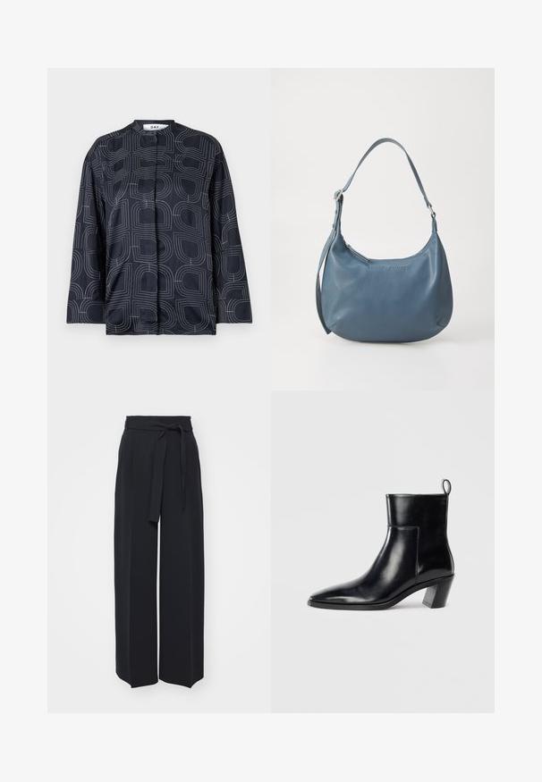 Marinebluse med et geometrisk hvidt mønster, med en mandarin-krave og lange ærmer, lavet af et glat, blankt stof.; Vide sorte bukser lavet af blød stof. Har en bælteholdbar talje og frontfolder. Glat tekstur med et rent, moderne design.; Sort læder ankelstøvle med spids tå, geometrisk stablet hæl og en løftestrop bagpå. Glat tekstur og slankt design.; Blå læderhåndtaske med en rundt form, enkelt skulderstrop, lynlås lukning og præget brandnavn på fronten. Glat tekstur.