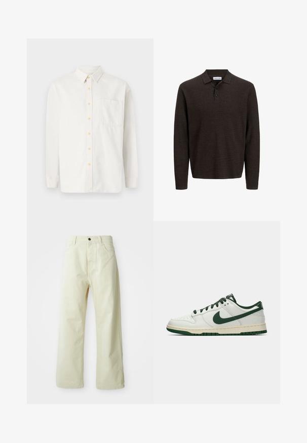 Camicia bianca a maniche lunghe realizzata in un mix di cotone, con colletto button-down, bottoni gialli e una tasca sul petto. Fit classico.; Polo a manica lunga marrone realizzato in tessuto textured. Presenta un colletto classico e tre bottoni frontali. Vestibilità casual con polsini a costine.; Pantaloni a gamba larga giallo chiaro, realizzati in denim, con chiusura anteriore a bottone, cinque tasche e design dritto e semplice.; Sneaker bianco a bassa cima con swoosh Nike verde scuro, lacci e dettagli della suola, mostrato di profilo su uno sfondo bianco uniforme.