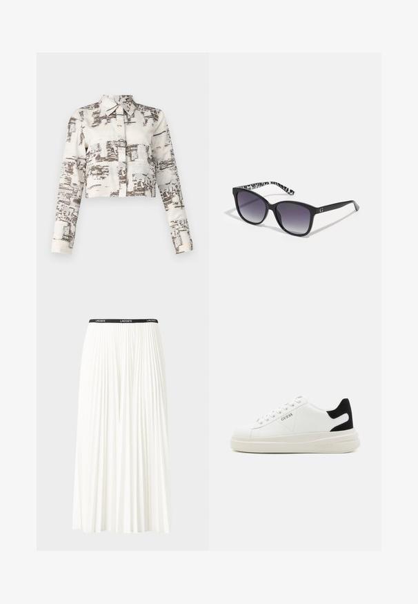 Cămașă scurtă, cu mâneci lungi, confecționată dintr-un material bej decorat cu modele abstracte maro. Include un guler tradițional.; Fustă plisată albă cu un brâu elastic negru, având logo-ul "LACOSTE". Design de lungime medie, cu textură moale.; Adidași din piele albă cu o talpă groasă albă, accent de călcâi din suede negru și logo embosat pe lateral. Design cu șireturi și șase orificii.; Ochelari de soare negri cu lentile degradate, formă pătrată și un templu cu un model texturat alb-negru. Prezintă un accent cu logo argintiu.; Cercei rotunzi din argint cu un finisaj neted și strălucitor. Design ușor, având o formă rotundă și închidere cu tijă.