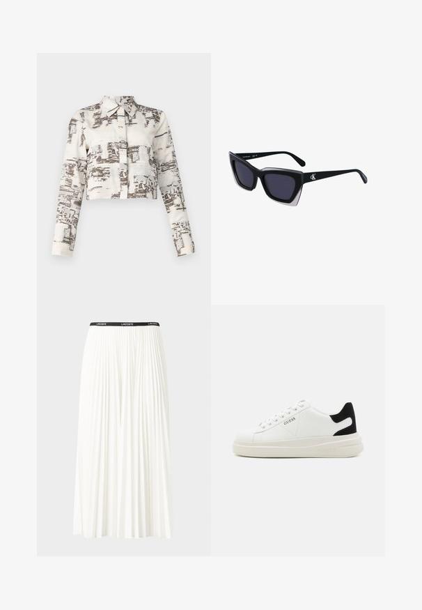Chemise boutonnée courte à manches longues, en tissu beige décoré de motifs abstraits marron. Elle comprend un col traditionnel.; Jupe plissée blanche avec une taille élastique noire portant le logo "LACOSTE". Design mi-long avec une texture douce.; Baskets en cuir blanc avec une épaisse semelle blanche, un accent en daim noir au niveau du talon et un logo embossé sur le côté. Design à lacets avec six œillets.; Lunettes de soleil noires surdimensionnées avec une forme géométrique, dotées de verres foncés et d'un détail gris contrastant sur la monture. Logo sur la branche.; Boucles d'oreilles en métal argenté avec une forme larmoyante lisse et une finition polie. Des gravures subtiles ajoutent des détails. Design minimaliste.