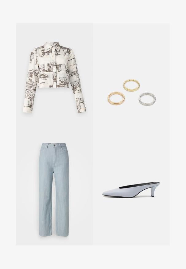 Kortärmad skjorta med långa ärmar, i en beige tyg dekorerad med abstrakta bruna mönster. Inkluderar en traditionell krage.; Ljusblå raka jeans i denim. Har fem fickor, en metallspänne och subtila slitageeffekter för textur.; Ljusblått lackläder-mule med spetsig tå, låg genomskinlig klack och en elegant design med ett uttag vid framfoten.; Tre metallringar: en roséguld, en guld med texturerade detaljer och en silver, alla med ingraverad märkning på den inre ringen.