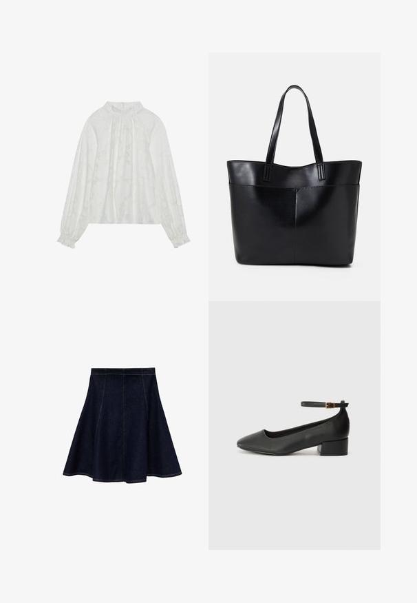 Bijela bluzica dugih rukava, sa teksturiranim cvjetnim uzorkom, sakupljenim izrezom i elastičnim manžetama. Mekana, lagana tkanina.; Tamna plava A-line suknja od denima s kontrastnim žutim šavovima. Ima pristajanje u struku s lepršavim rubom, glatku teksturu i bez ukrasa.; Crne kožne pumpe s oštrim vrhom i niskom blok petom. Sadrže remen oko gležnja s zlatnim kopčanjem. Glatka tekstura.; Crna kožna torba s dugim ručkama, glatkom teksturom i strukturiranim oblikom. Ima prednju džep za dodatno pohranu.