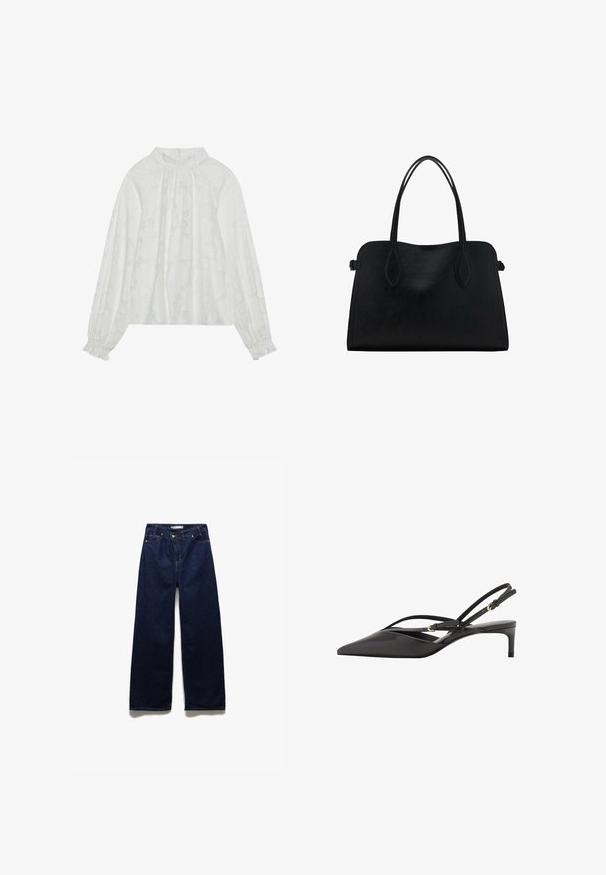 Blusa blanca de manga larga, con un patrón floral texturizado, escote fruncido y puños elásticos. Tejido suave y ligero.; Jeans de mezclilla azul oscuro de pierna ancha con una cintura alta, diseño clásico de cinco bolsillos y acentos de remaches en tono cobre para mayor durabilidad.; Zapatos de tacón negro de piel con punta afilada, cintas delgadas en el tobillo y un tacón stiletto bajo. Textura suave con diseño minimalista.; Bolso de mano de cuero negro con dos asas, forma rectangular y diseño minimalista sobre un fondo blanco.