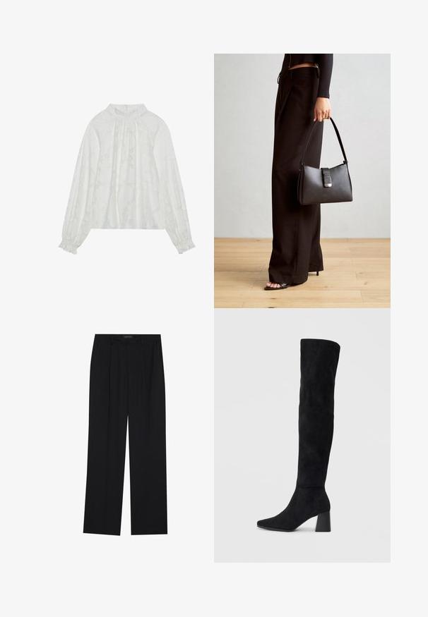Biela blúzka s dlhým rukávom, s textúrovaným kvetinovým vzorom, zberaným výstrihom a elastickými manžetami. Mäkko, ľahký materiál.; Čierne nohavice so strihom rovného nohu, s dvoma prednými vreckami a pásom. Vyrobené z hladkej, ľahkej textílie.; Čierna semišová kozačka po kolená s blokovým podpätkom, špicatou špičkou a hladkým, bezšvovým dizajnom na jednoduchom svetlom pozadí.; Čierna kabelka so štruktúrovaným tvarom, hladkou textúrou a kovovou sponou. V kombinácii so širokými čiernymi nohavicami a sandálmi s otvorenou špičkou na drevenej podlahe.