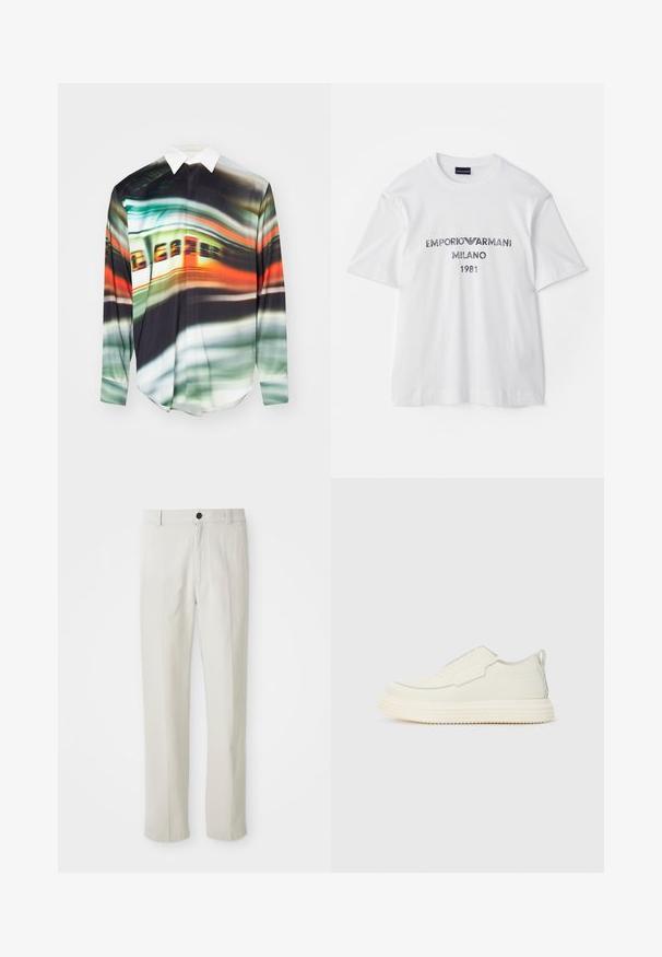 Ilgām piedurknēm krekls ar dzīvīgu, abstraktu rakstu, kurā ir zaļas, oranžas un melnas krāsas. Krekla dizains ar apkakli, izgatavots no gludas, vieglas auduma.; Balta kokvilnas t-krekls ar īsām piedurknēm, uz kura ir tumši pelēka teksta uzraksts "EMPORIO ARMANI MILANO 1981" un logo. Klasisks apaļais kakla dizains.; Bežīgas taisnas kājas bikses ar jostu cilpām, priekšējo pogu un rāvējslēdzēju, izliktas plakni uz baltas fona.; Baltas slip-on sneakers ar teksturētu apdari, ar noapaļotu purngalu un biezu gumijas zoli. Gaismas šuvju akcenti papildina dizainu.
