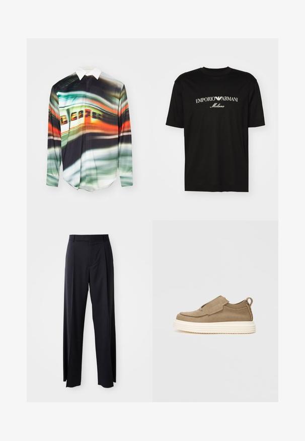Langærmet skjorte med et levende, abstrakt mønster i grønne, orange og sorte nuancer. Kravlet design med en glat, let tekstur.; Sort bomulds T-shirt med rund halsudskæring, korte ærmer og "EMPORIO ARMANI" logo i hvid over "Milano" i et buet design.; Sorte, højtaljede bukser med vide ben, lavet af glat stof. Har frontfolder og bæltestropper. Minimalistisk design, ingen synlige hårde detaljer.; Beige slip-on sko med en blød suede overdel, der har et elastikbånd og en pull-tab, samt en kraftig hvid gummisål med riller.
