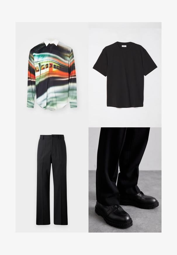 Halenka s dlouhým rukávem s živým, abstraktním vzorem v zelených, oranžových a černých odstínech. Design s límečkem a hladkou, lehkou texturou.; Černé bavlněné tričko s kulatým výstřihem, krátkými rukávy a volným střihem. Jednoduchý design, hladká textura a žádné viditelné vzory či loga.; Černé kalhoty rovného střihu s poutky na opasek, předním knoflíkem a zipovým zapínáním, vystavené na čistém bílém pozadí.; Černé kožené boty s kulatou špičkou, texturovaným svrškem, šněrovacím designem a silnou gumovou podrážkou s dezénem. Nosené s černými kalhotami.